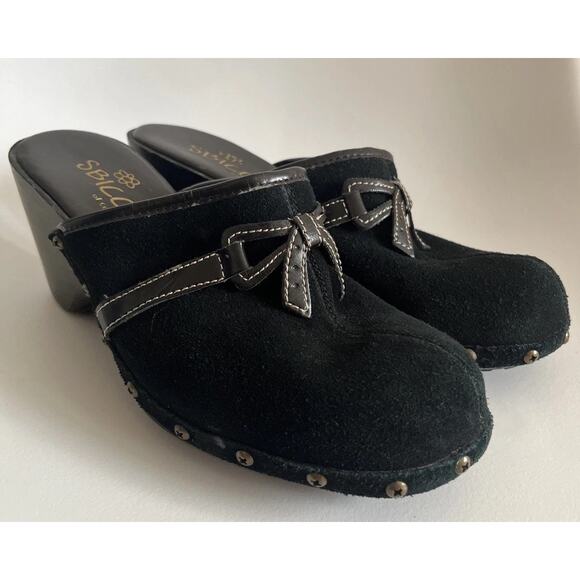 Y2K VTG ? Sbicca of California Black Suede Bow Clogs Women’s 6.5 M - Picture 6 of 14